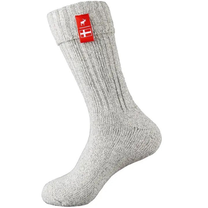 Gray sock with a red logo on a white background