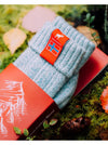 Pale blue knitted Norwegian Fjord socks with a Norwegian flag brand label on a forest background. Lambswool and cotton rich to get you through the cold Arctic nights.