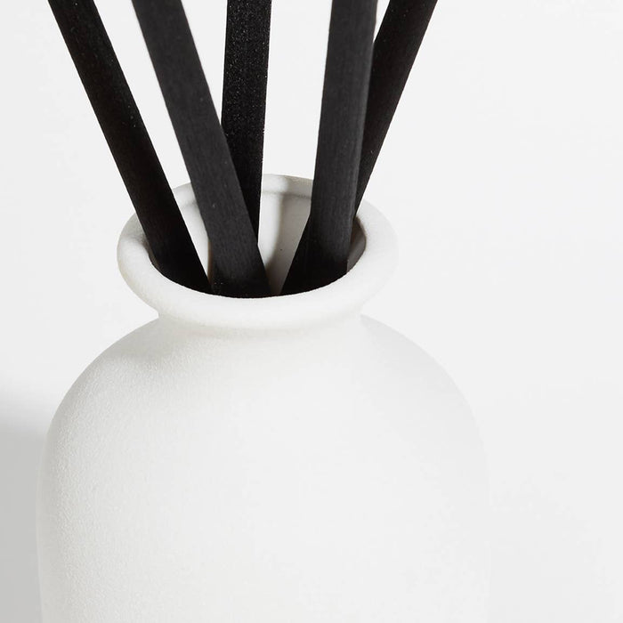 White vase with black reeds on a white background