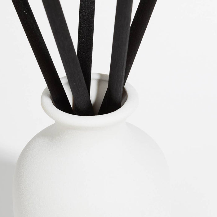 White vase with black diffuser reeds on a white background