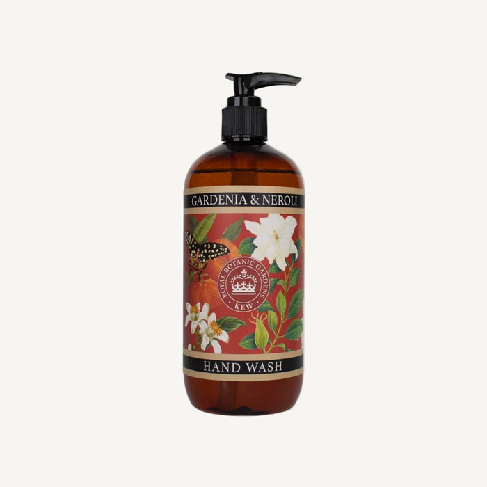 Hand wash bottle with Kew Gardens floral design and pump on a white background
