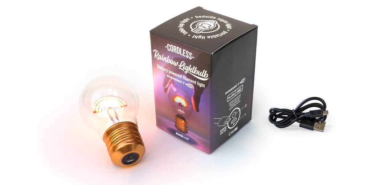 Rainbow light with packaging and USB cable on a white background