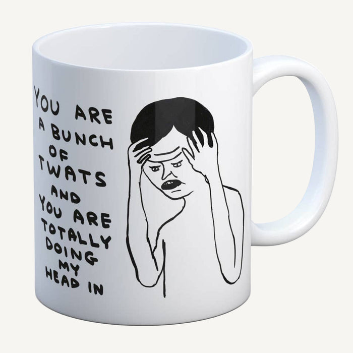 Mug with a graphic of a distressed person and text on a white background. The text says, you are a bunch of twats and you are totally doing my head in.