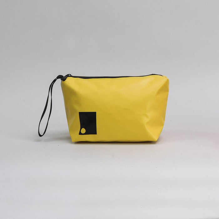 Yellow dry bag washbag with a black loop handle, black waterproof zipper and Sophos logo on a light gray background