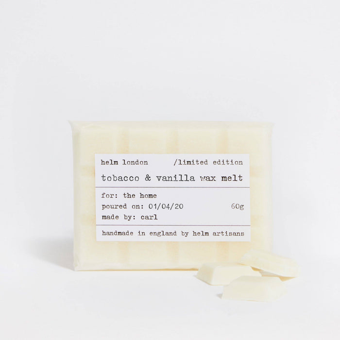 Helm London tobacco and vanilla wax melt bar with label on a white background