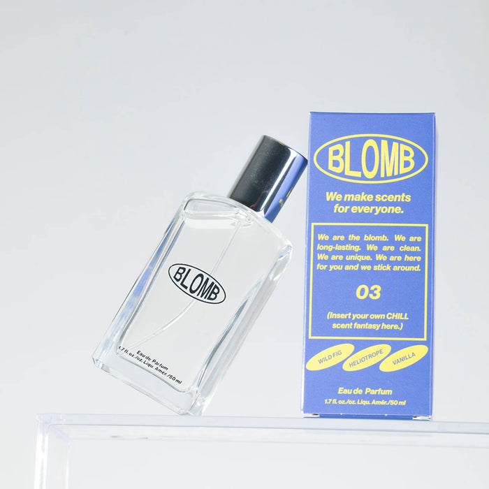 Blomb branded perfume bottle with packaging labeled 'BLOMB' on a white background